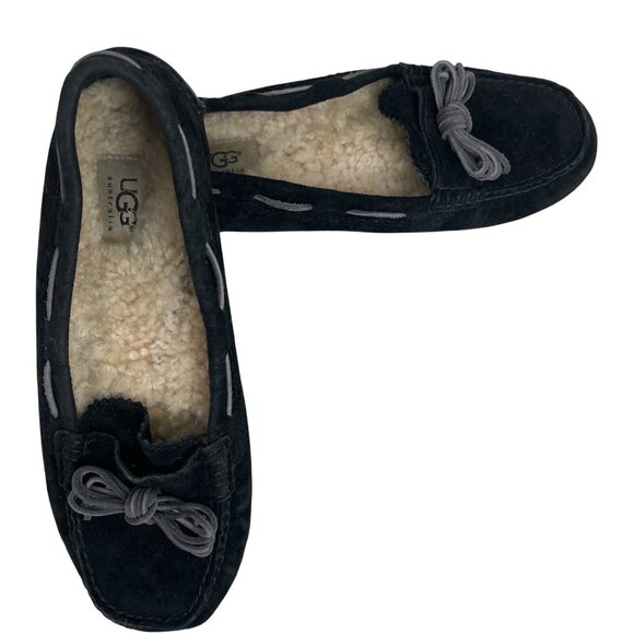 Ugg Womens Ansley Black Suede Moccasin Slippers Shearling Lining/Grey Bow Size 8 - Picture 2 of 6
